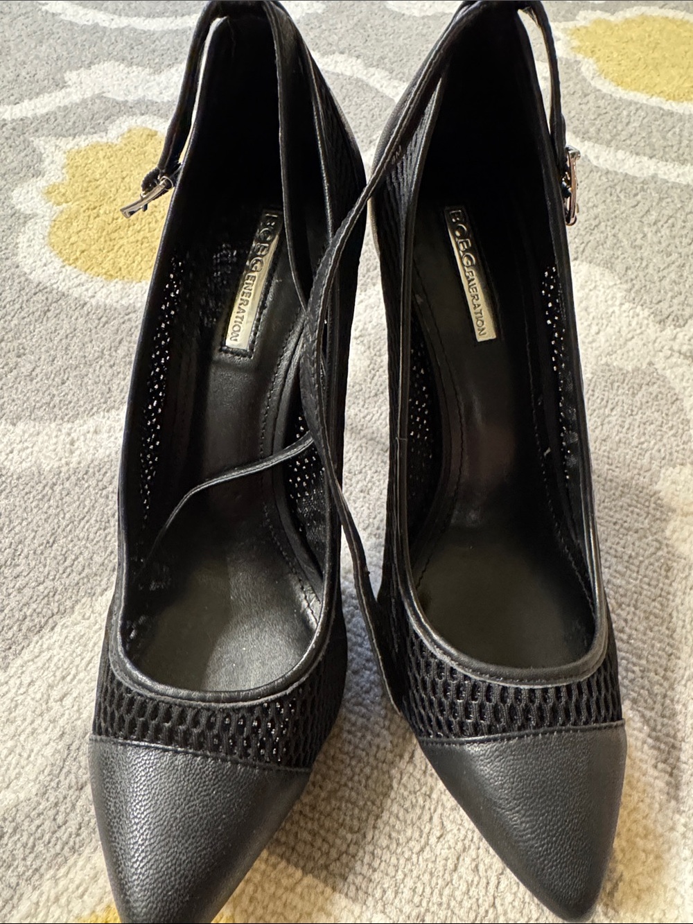 BCBGeneration Black Pointed-Toe Ankle-Strap Pumps with Mesh Panels